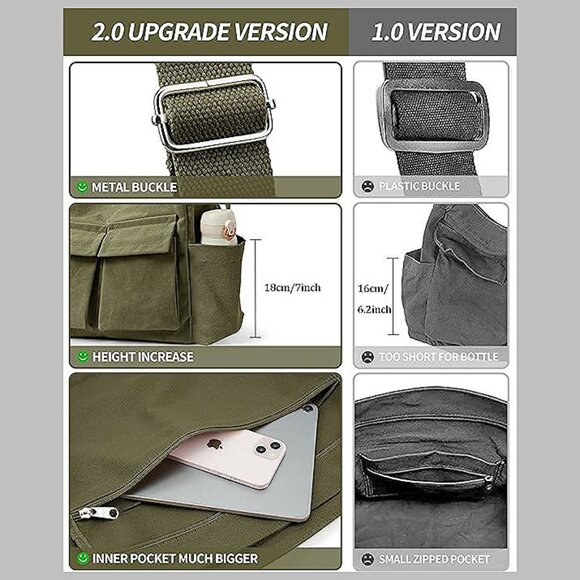 Canvas Tote Bag Messenger Bag, Large Crossbody Bag Army Green - Picture 5 of 9